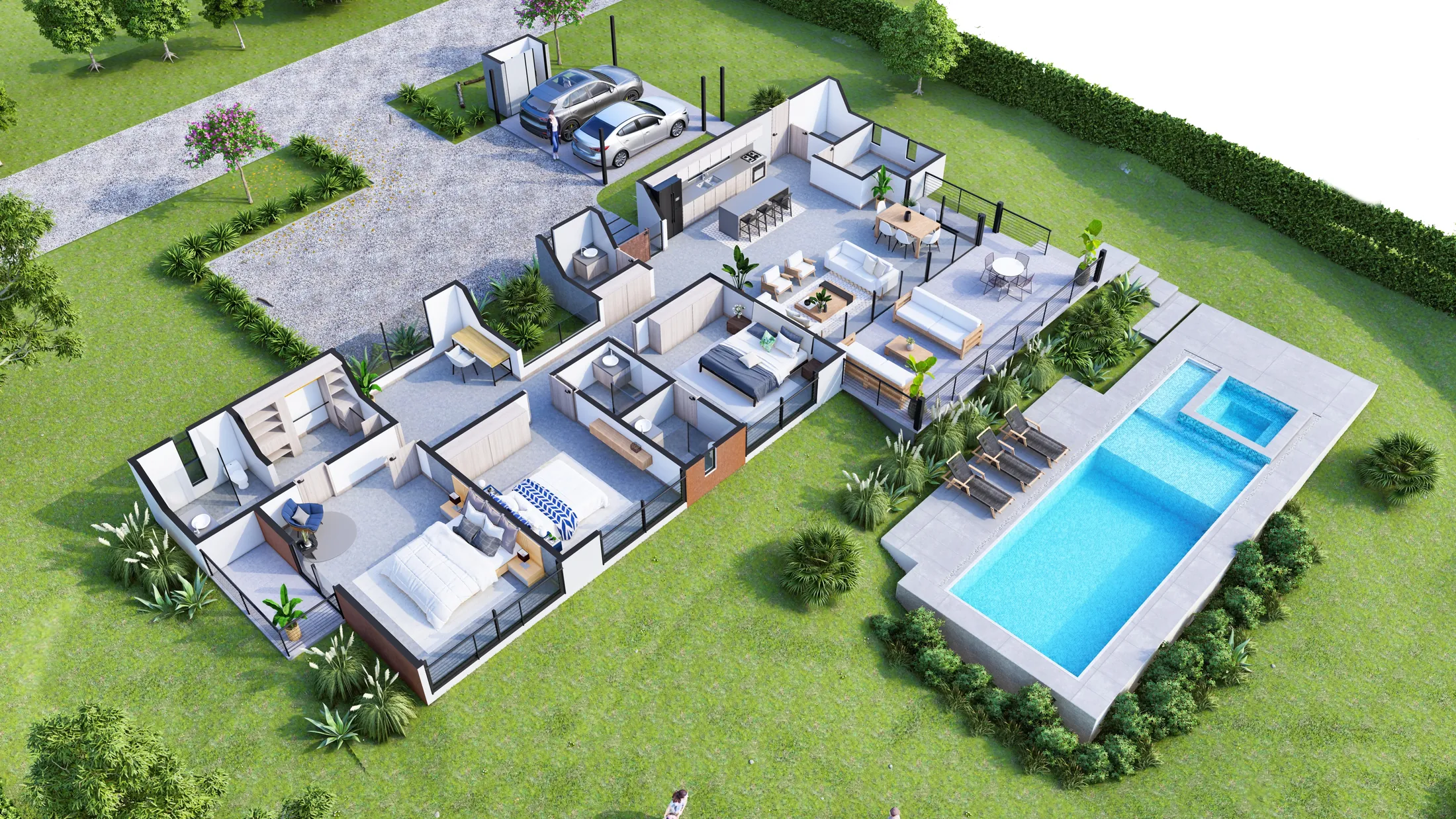 Render isometrico del modelo Urapan de Hacienda Primavera con piscina