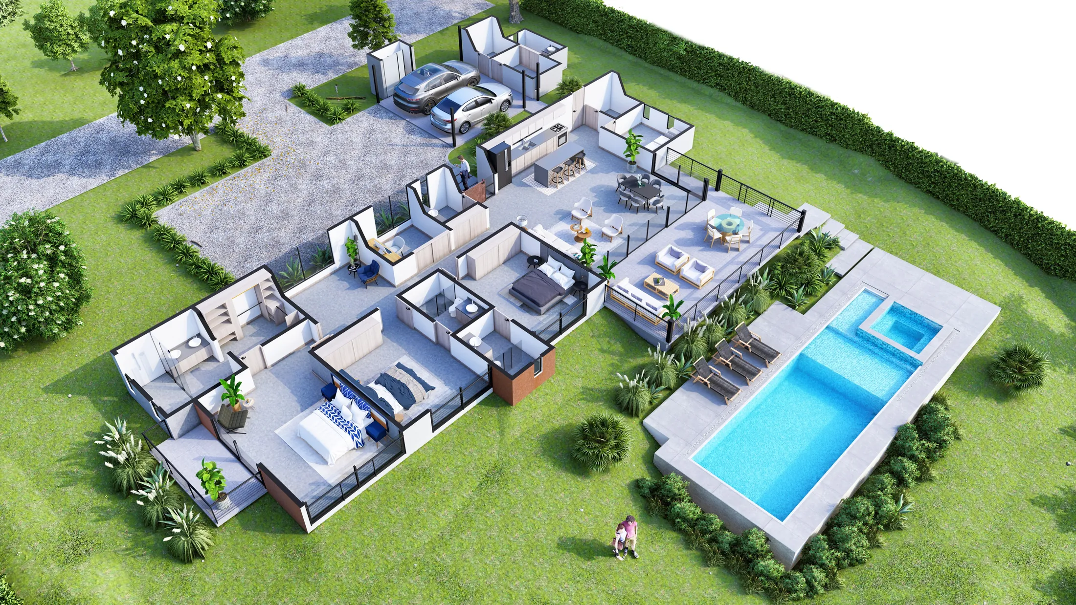 Render isometrico del modelo Saman de Hacienda Primavera con piscina