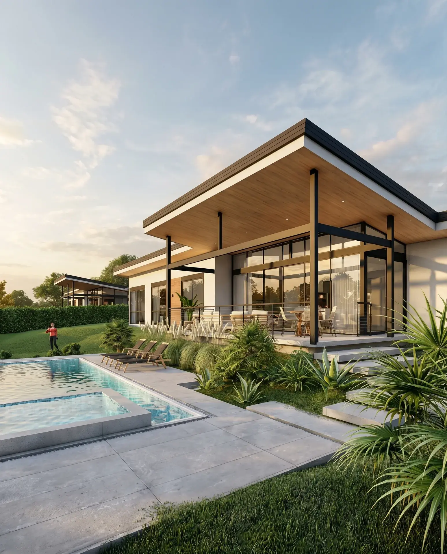 Vista exterior de villa con terraza cubierta y piscina